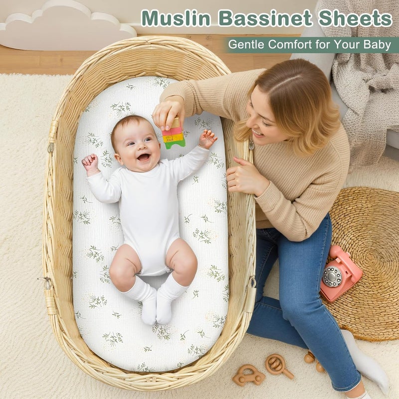 Basumee Muslin Bassinet Sheets for Baby Girl Boy 2 Pack Soft Breathable Baby Bedside Bassinet Fitted Sheets with Bottom Elastic Band 33''x17''x4'' Mattress Cover for Rectangle Oval Hourglass Bassinets - Image 4